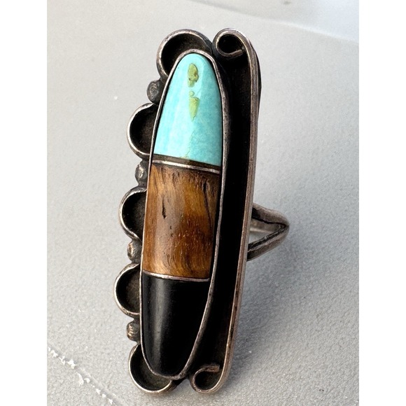 Native American Jewelry - LB Signed Navajo Sterling Turquoise Tiger Eye Onyx Inlay Ring Size 7 5/8